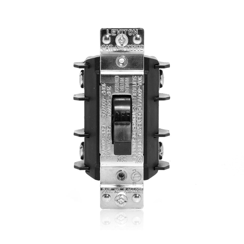 30 Amp, 600 Volt, Double- Pole, Single Phase AC Motor Starter, Suitable as Motor Disconnect, Industrial Grade, Non-Grounding, Black