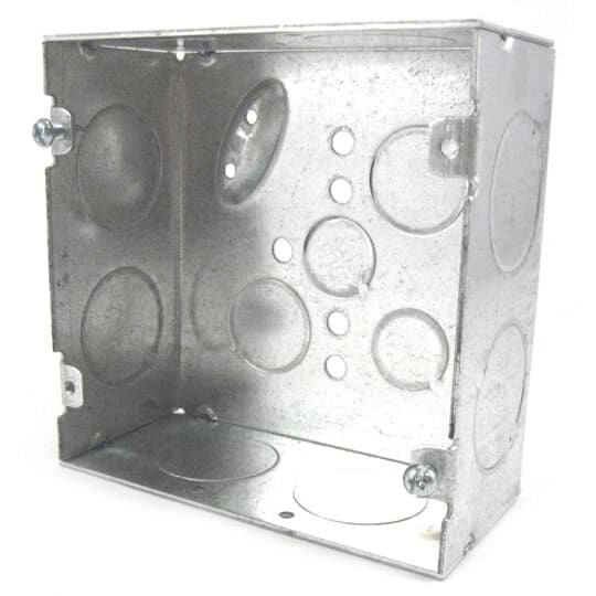 Square Box, 42 Cubic Inches, 4-11/16 Inches Square x 2-1/8 Inches Deep, 1 Inch Eccentric Knockouts, Pre-Galvanized Steel, Welded Construction, For use with Conduit