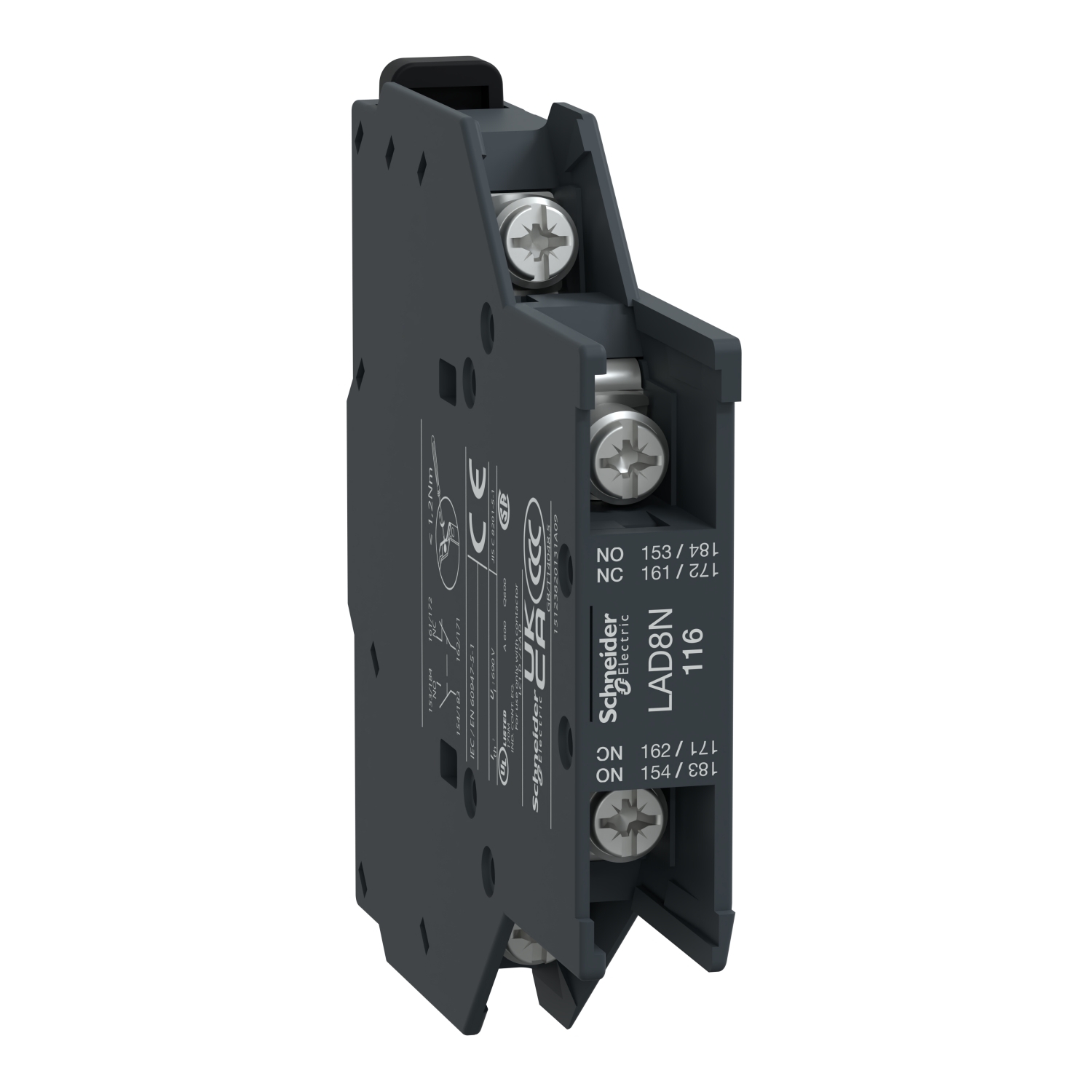 Auxiliary contact block, TeSys Deca, 1NO + 1NC, side mounting, lugs-ring terminals