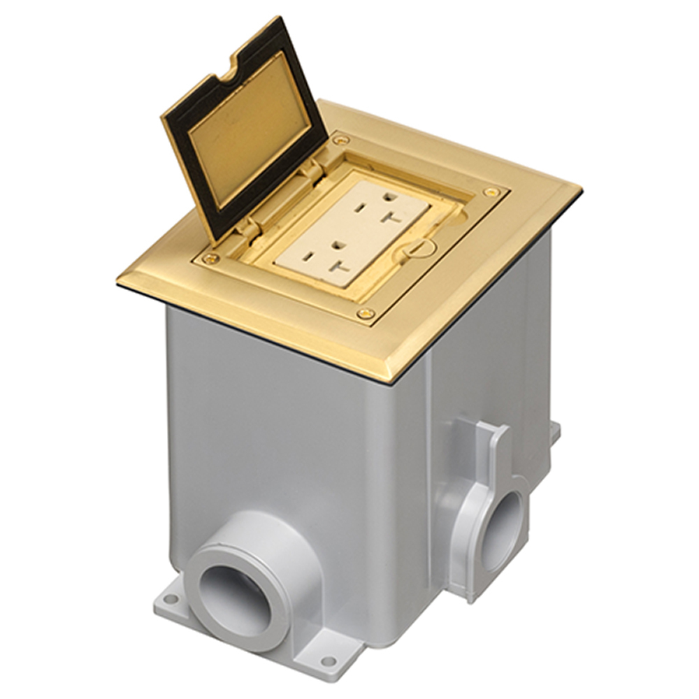 Brass single gang frame kit with Flip lid cover. Includes (1) 20A decorator style receptacle, (1) gasket, low voltage insert and installation screws. Flip lid cover can be opened in any direction.