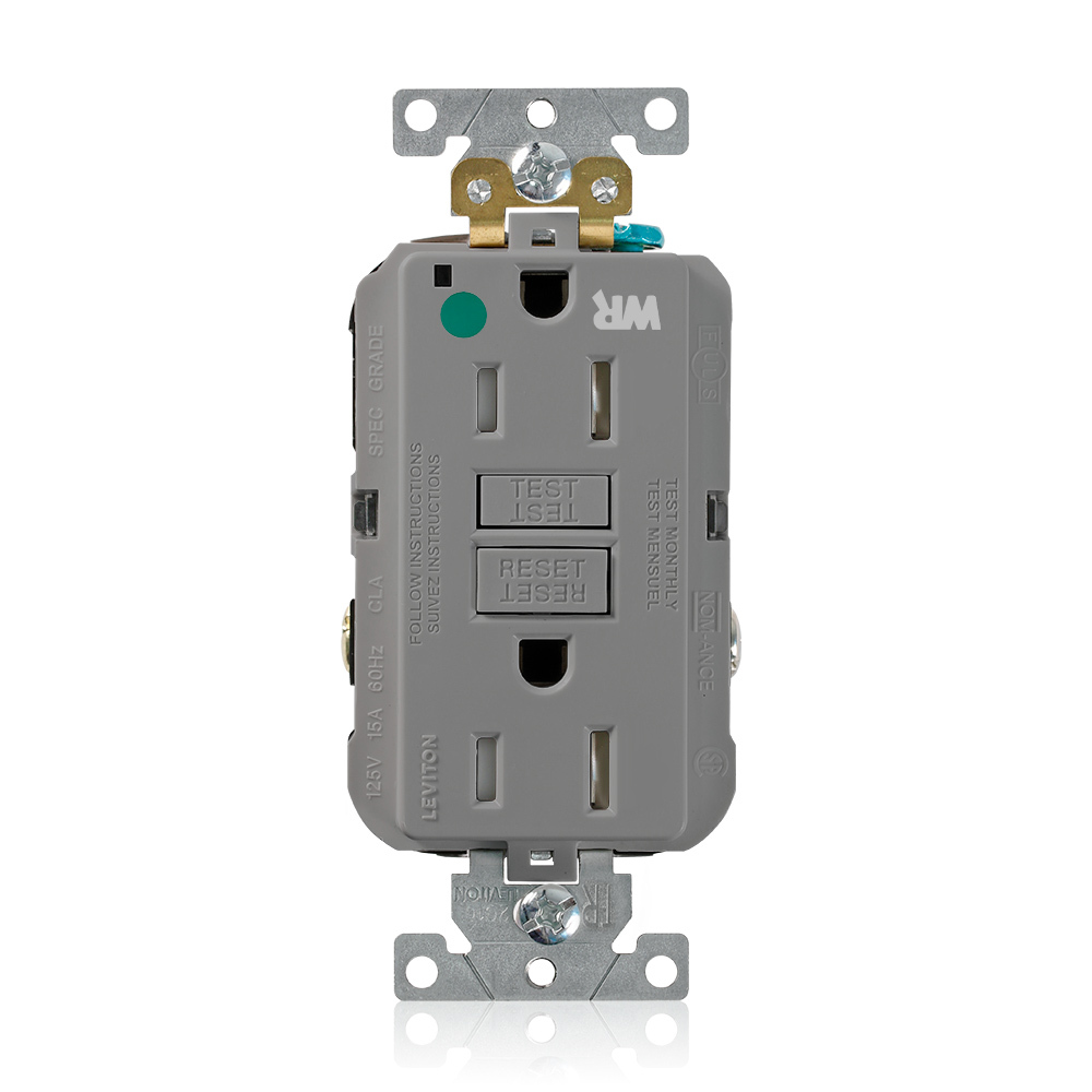 15 Amp, 125 Volt, SmartlockPro Self-Test GFCI Duplex Receptacle , NEMA 5-15R, 2P, 3W, Extra-Heavy Duty Hospital Grade, Weather & Tamper-Resistant, 20A Feed-Through, Back or Side Wired - GRAY