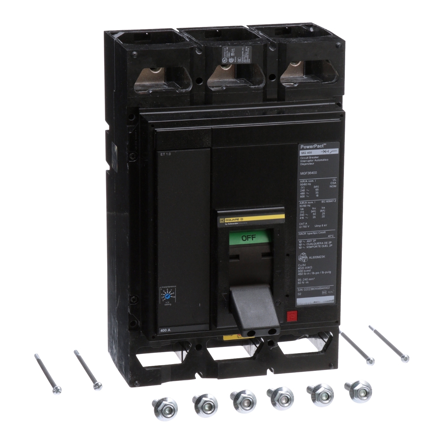 Circuit breaker, PowerPacT M, 400A, 3 pole, 600VAC, 18kA, lugs, ET 1.0, 80%, ABC