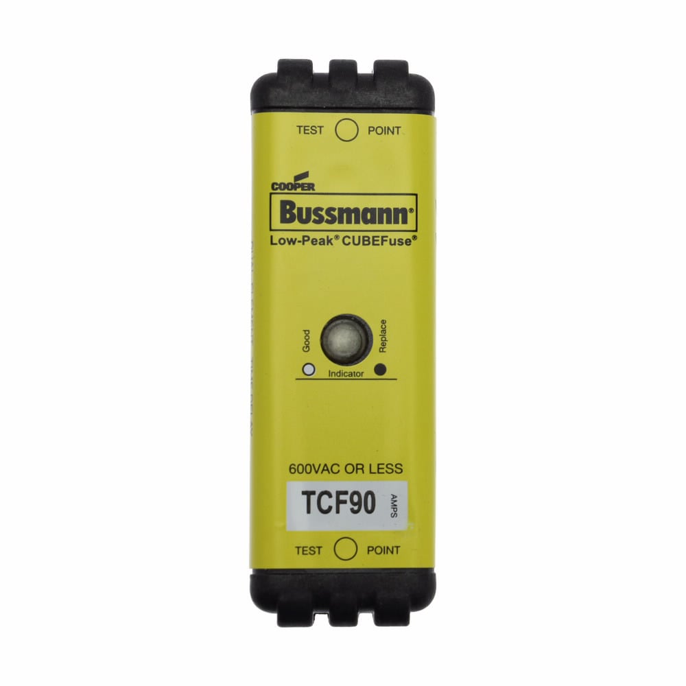 Eaton Bussmann series TCF fuse, Finger safe, 600 Vac/300 Vdc, 90A, 300 kAIC at 600 Vac, 100 kAIC at 300 Vdc, Indicating, Time delay, inrush current withstand, Class CF, CUBEFuse, Glass filled PES