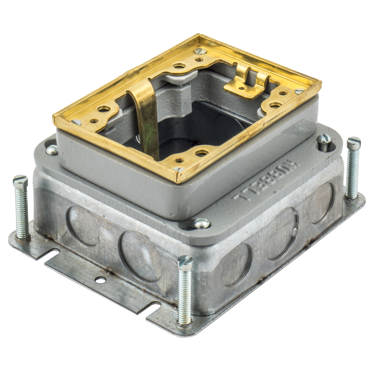 Flush Concrete Floor Box Series, 1-Gang, Rectangular, Galvanized Stamped Steel Box, Shallow, Fully Adjustable, Single Service, Brass Top