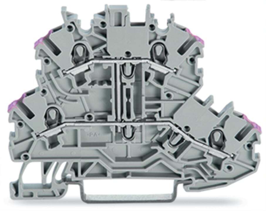 Double-deck terminal block; 4-conductor through terminal block; L; without marker carrier; internal commoning; conductor entry with violet marking; for DIN-rail 35 x 15 and 35 x 7.5; Push-in CAGE CLAMP; 1,00 mm; gray