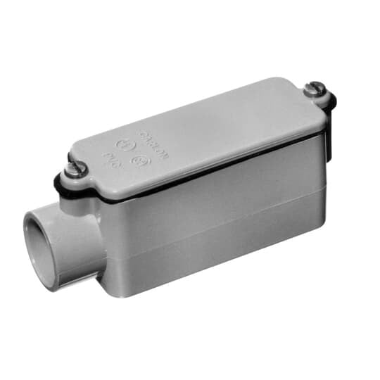 Type E Conduit Body, Volume 32 Cubic Inches, Size 1-1/4 Inch, Length 8 Inches, Width 2-3/4 Inches, Material PVC, Color Gray, For use with Schedule 40 and 80 Conduit, Pack of 5