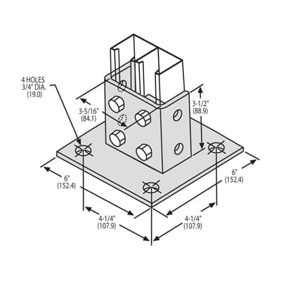 Connector, Square Post Base, Post Height 3-1/2 Inch, Post Width 3-3/4 Inch, Post Length 1-5/8 Inch, Base Length 6 Inches, Base Width 6 Inches, Hole Diameter 3/4 Inch, Stainless Steel