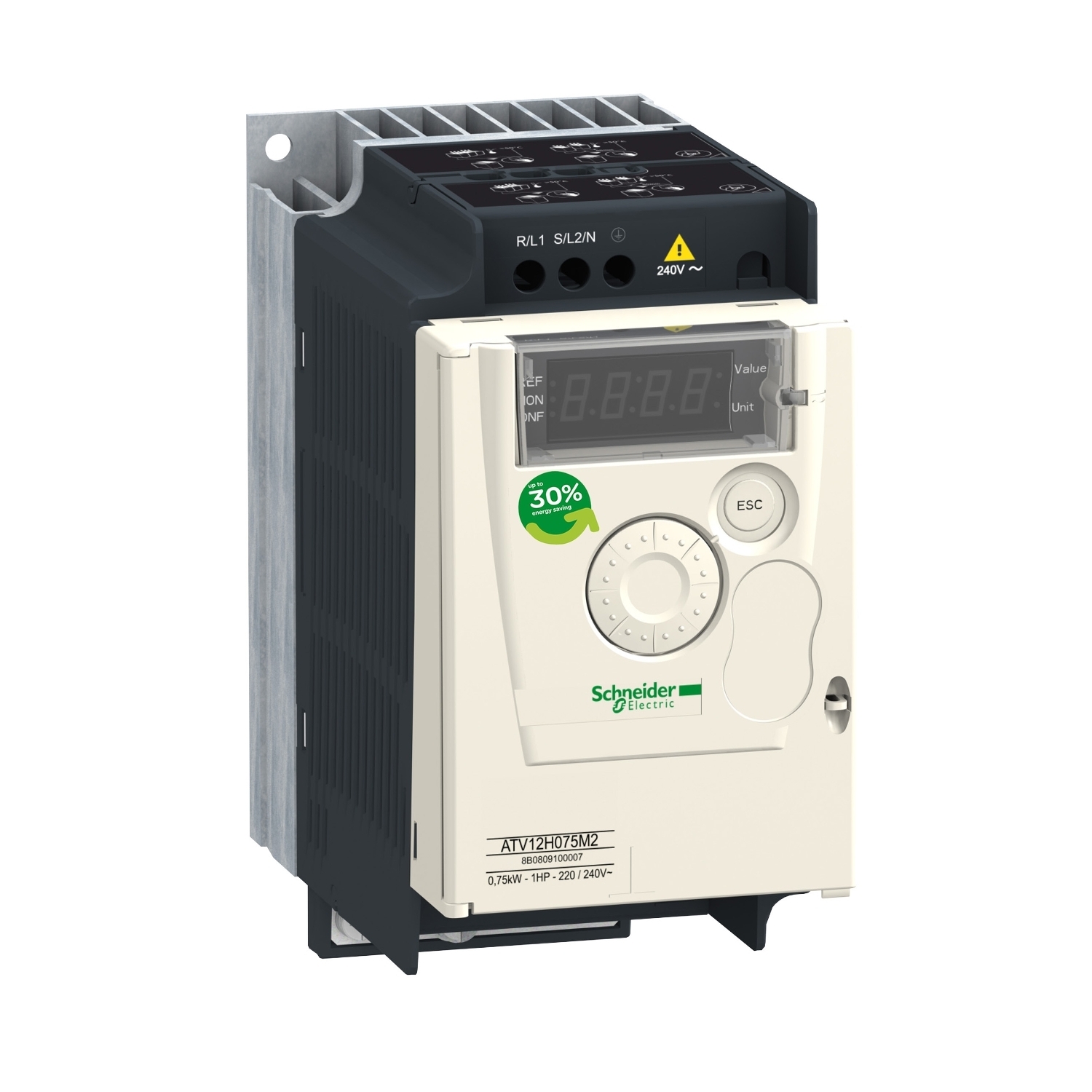 variable speed drive, Altivar 12, 0.75kW, 1hp, 200 to 240V, 3 phases, with heat sink