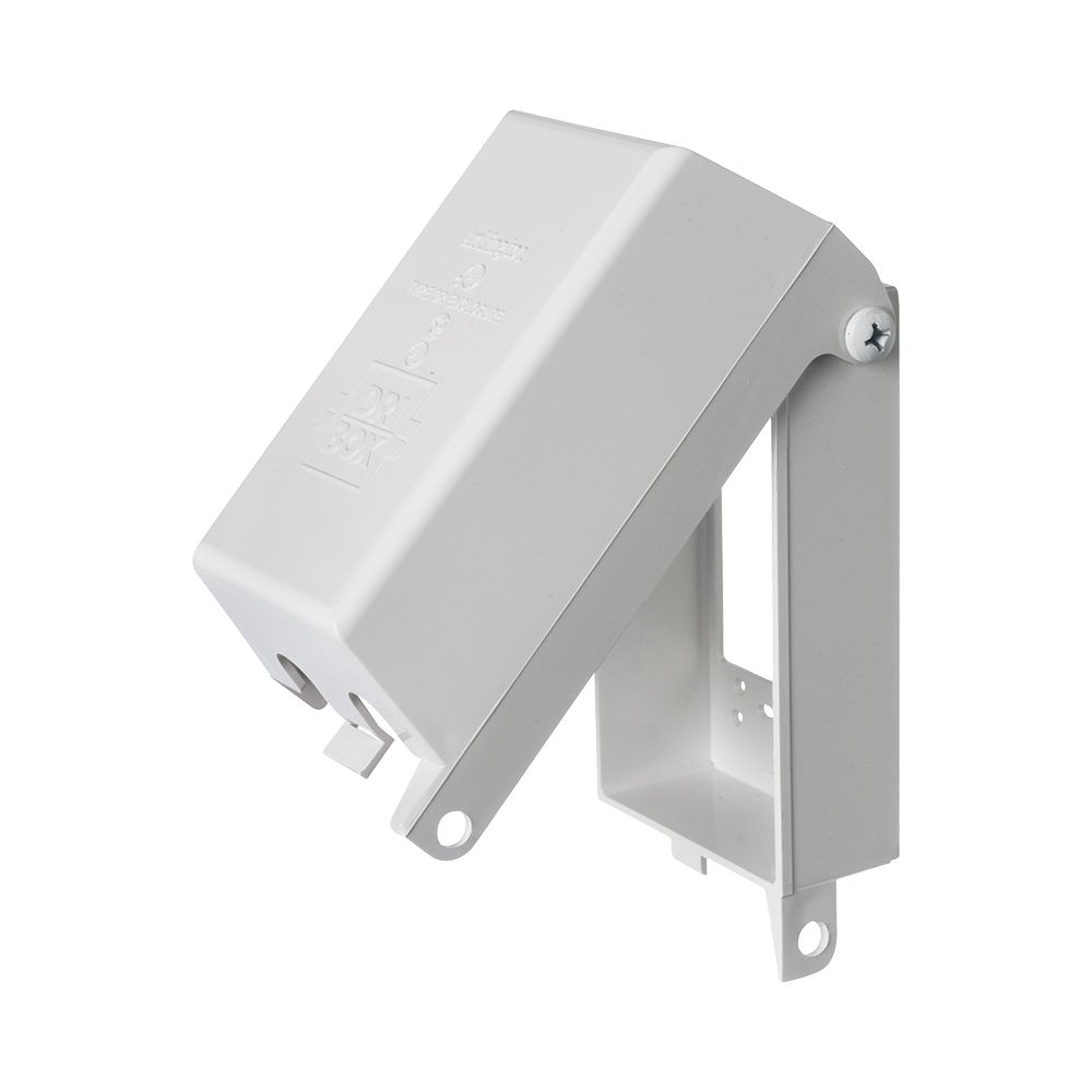 Drybox adapter with non metallic cover and base. Two gang. Vertical white paintable cover. Depth 4.1"