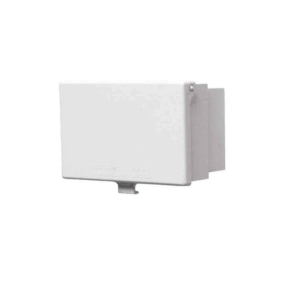 1 Gang Low Profile, IN and OUT cover for new and existing construction. Weatherproof in-use. Meets extra-duty code requirements when cord is plugged in. UV rated plastic. Horizontal. Color - White, Paintable.