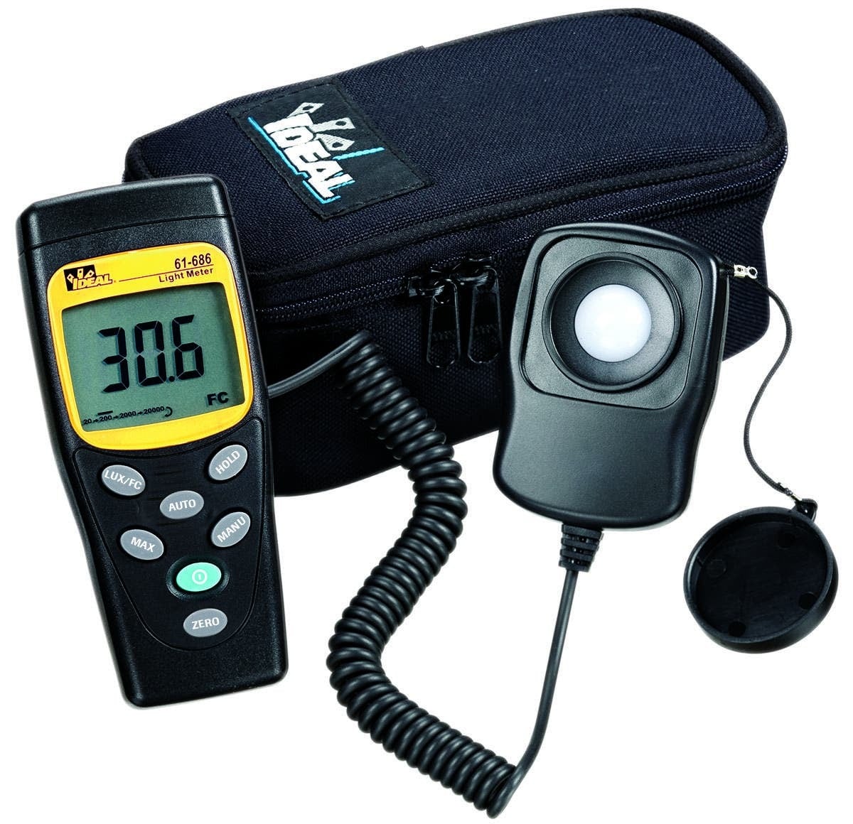 Ideal 61-686 Digital Light Meter, Accuracy: Plus/Minus 3 PCT, Battery Type: (1) 9 V NEDA 1604, IEC 6F22, JIS 006P Battery, Display: Large 3-1/2 Digit (2000 Count) LCD Display, Lighting Types: Fluorescent, Metal Halide, High-Pressure Sodium And Incandescent, Measuring Range: 20000 FC Or 200000 LUX, Tester Type: Light Meter, Auto Power Off: Yes, 59 IN Cord, Read-Out: Digital LCD With Data Hold, Included: Power Cord, CE Certified