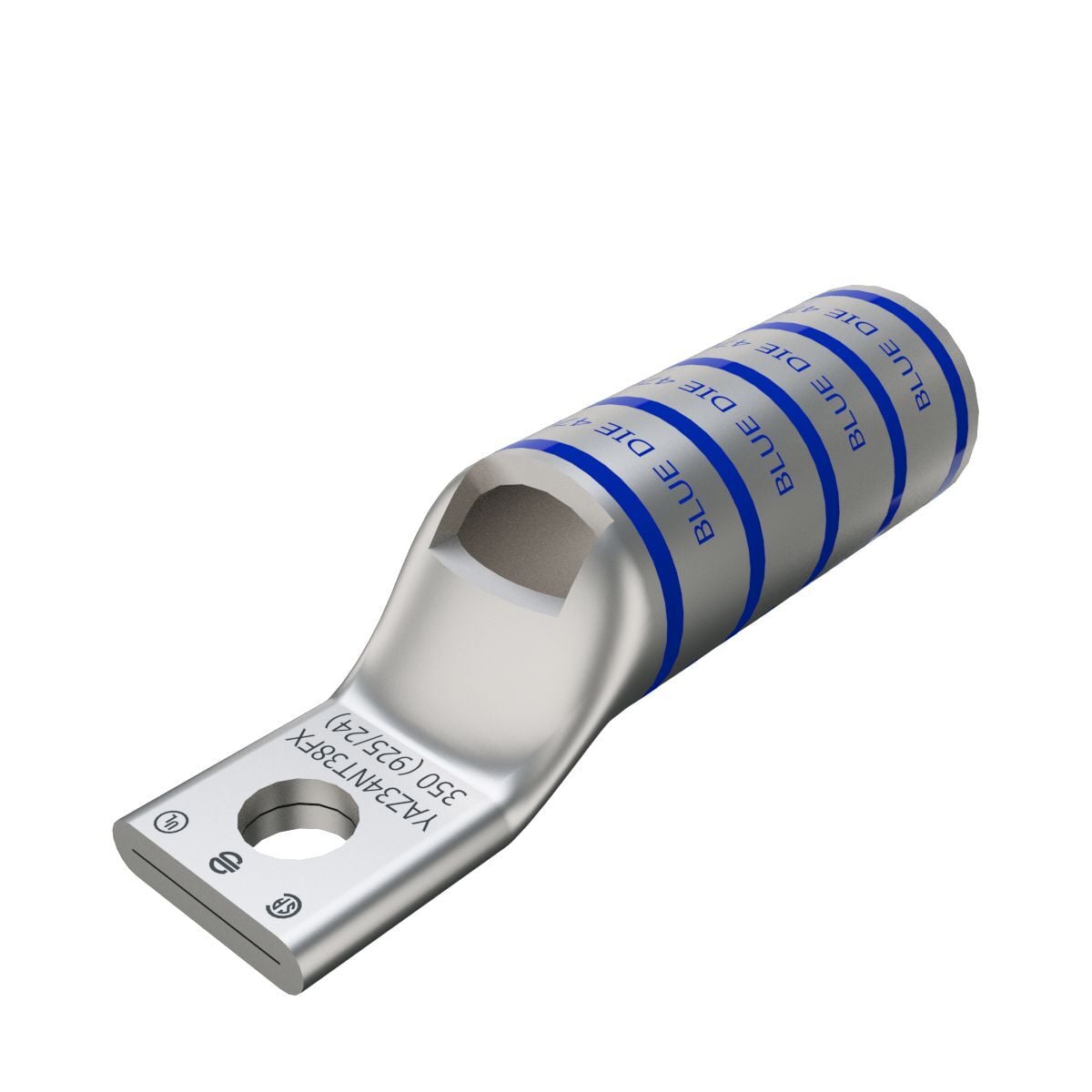 Copper Compression Terminal; Narrow Tongue; 1-Hole with Inspection Window; Long Barrel; Accommodates: 373.3 kcmil; 350 Flex; Stud: 3/8"; Die Index: 19; Color Code: Blue; 600 V - 35 kV