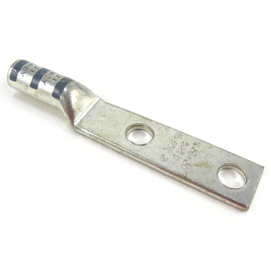 Copper Two-Hole Lug, Long Barrel, Blind End, Max 35kV, Wire Size #4 AWG, 1/2 Inch Bolt Size, 1-3/4 Inch Hole Spacing, Tin Plated, Die Color Code Gray, Die Code 29