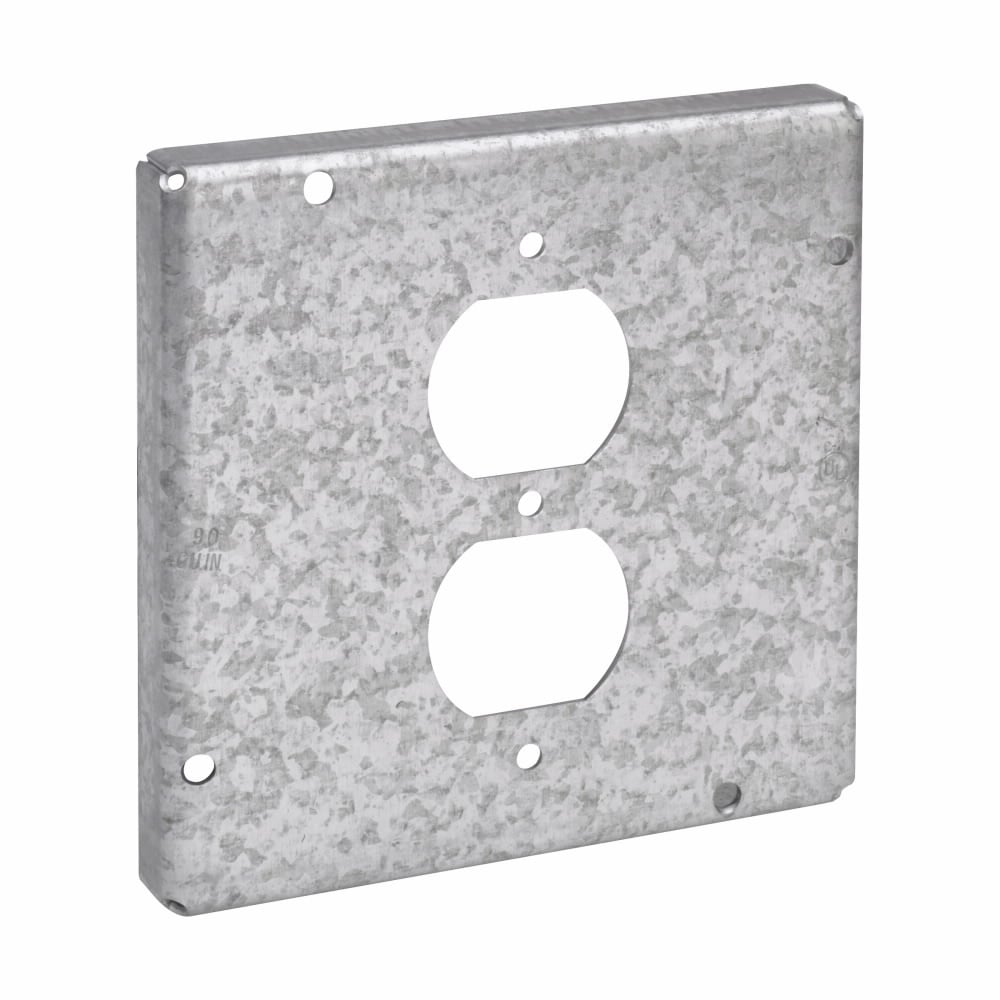 Eaton Crouse-Hinds series Square Surface Cover, 4-11/16", Raised surface, Steel, For one duplex receptacle, 9.0 cubic inch capacity