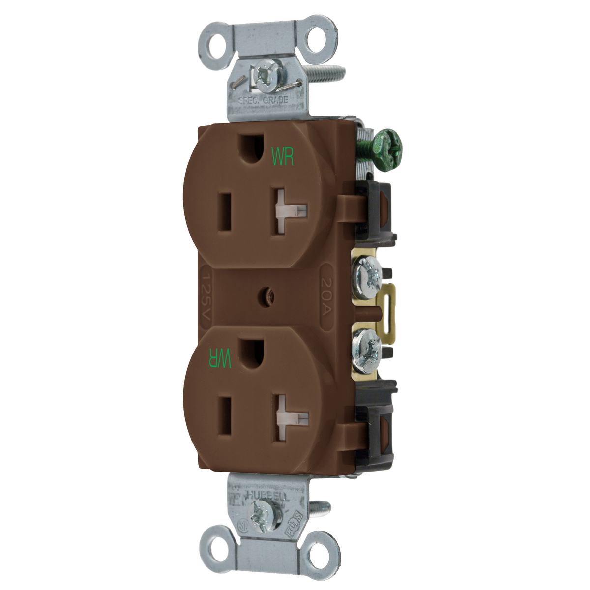 Straight Blade Devices, Receptacles, Tamper-Resistant Duplex, Commercial/Industrial Grade, 2-Pole 3-Wire Grounding, 20A 125V, 5-20R, Brown, Single Pack.