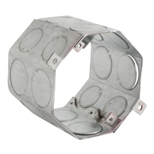 Octagon Concrete Box, 41 Cubic Inches, 4 Inch Diameter x 3-1/2 Inch Depth, 3/4 Inch and 1 Inch Knockouts, Pre-Galvanized Steel, Drawn Construction, For use with Conduit