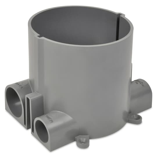 Flush Service Round Floor Box, 140 Cubic Inches, Opening Diameter 5-31/32 Inches, Base Diameter 8-1/8 Inches, Depth 6 Inches, 1 Inch and 1-1/2 Inch Conduit Hubs, Non-Metallic, Minimum Concrete Depth Flush 4 Inches Furniture Feed 3-1/2 Inches