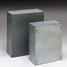 Type 1 junction boxes, 18" height, 8" length, 12" width, NEMA 1, Screw cover, SCGV NK enclosure, Surface mounted, Medium single door, No knockout, Thru holes, Galvanized steel