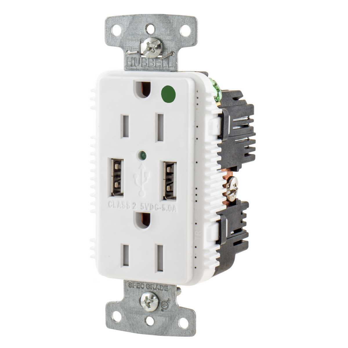USB Charger Duplex Receptacle, HospitalGrade, 15A 125V, 2-Pole 3-Wire Grounding, 5-15R, 2) 5A "A" USB Ports,White