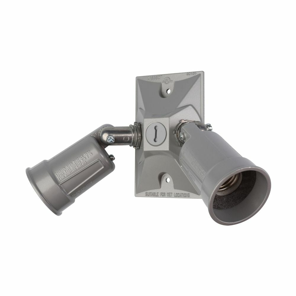 Eaton Crouse-Hinds series TP weatherproof par lamp holder, White, Compact fluorescent/LED, Die cast aluminum, 150W max. lamp size, 3 hubs, 2-lamp, 1/2", Rectangular