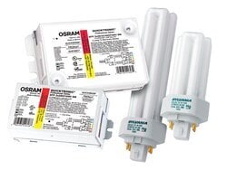 Universal voltage programmed rapid start normal ballast factor electronic ballast in metal enclosure dual mount without leads for two 26W, 32W, or 42W CFL lamps.