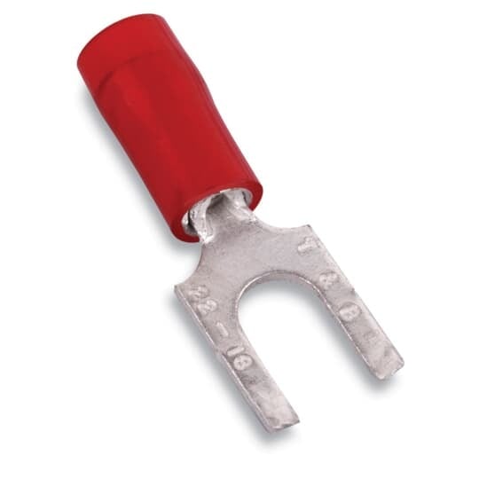 Nylon Insulated Fork Terminal with Flanged Tongue, Length .75 Inches, Width .28 Inches, Maximum Insulation .136, Bolt Hole #6, Wire Range #22-#16 AWG, Color Red, Copper, Tin Plated