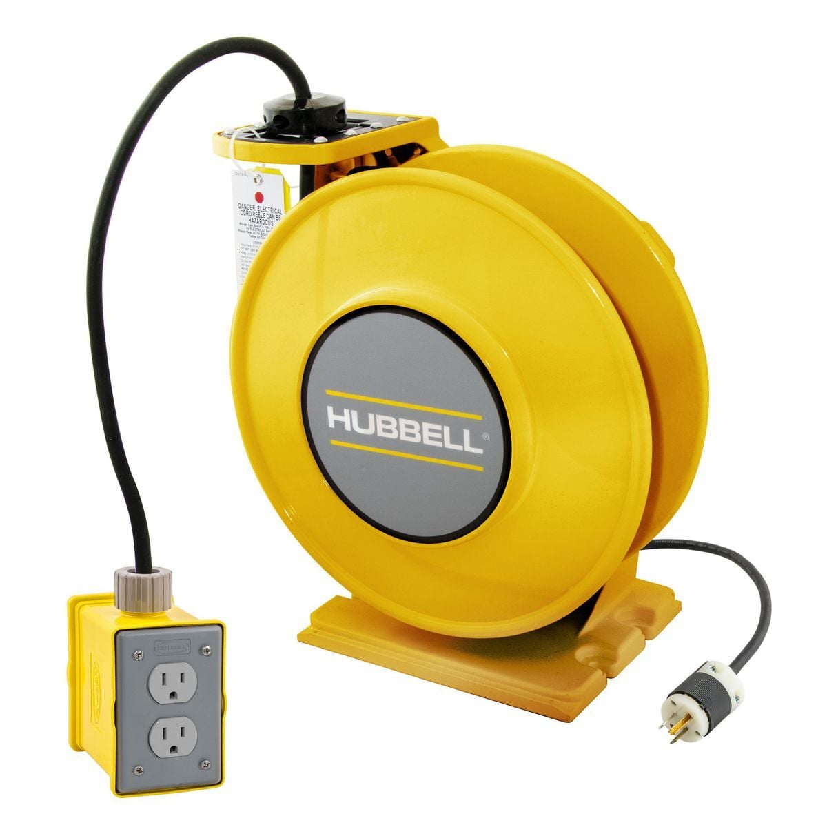 Yellow Industrial Reel with Yellow Portable Outlet Box and (1) 15A Duplex Receptacle, UL Type 1, 45 Ft, #14/3 SJO, 15 A, 125 VAC