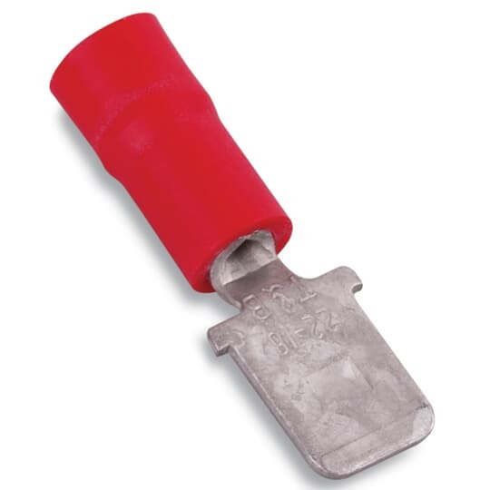 Vinyl-Insulated Male Tab, Length .95 Inches, Maximum Insulated .150, Tab Size .250x.032, Wire Range #22-#18 AWG, Color Red, Copper, Tin Plated, 1,000 Pack
