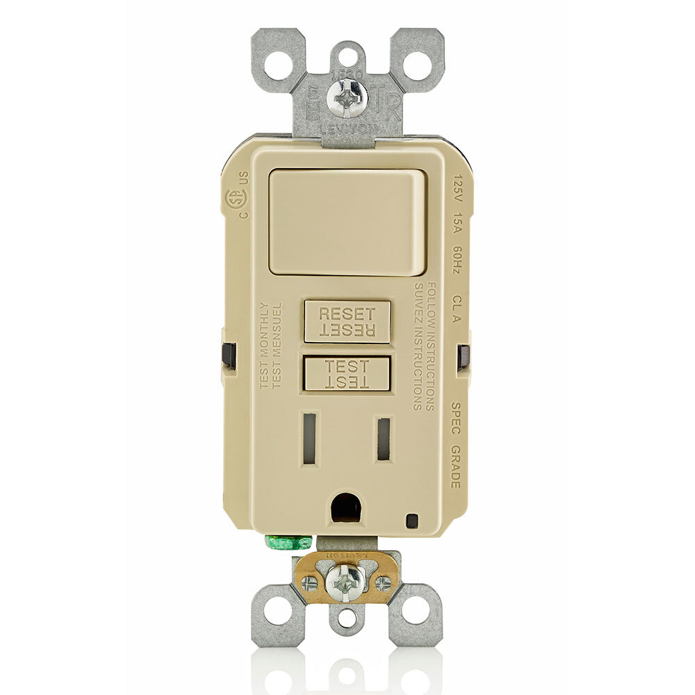 15A-125V, Tamper-Resistant, Self-test SmartlockPro Combination GFCI single receptacle/outlet with a switch, without wallplate/faceplate, monochromatic  IVORY