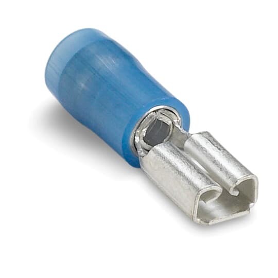 Nylon Insulated Female Disconnect, Length .83 Inches, Width .23 Inches, Maximum Insulation .163, Tab Size .187x.020, Wire Range #16-#14 AWG, Color Blue, Copper, Tin Plated, 1,000 Pack
