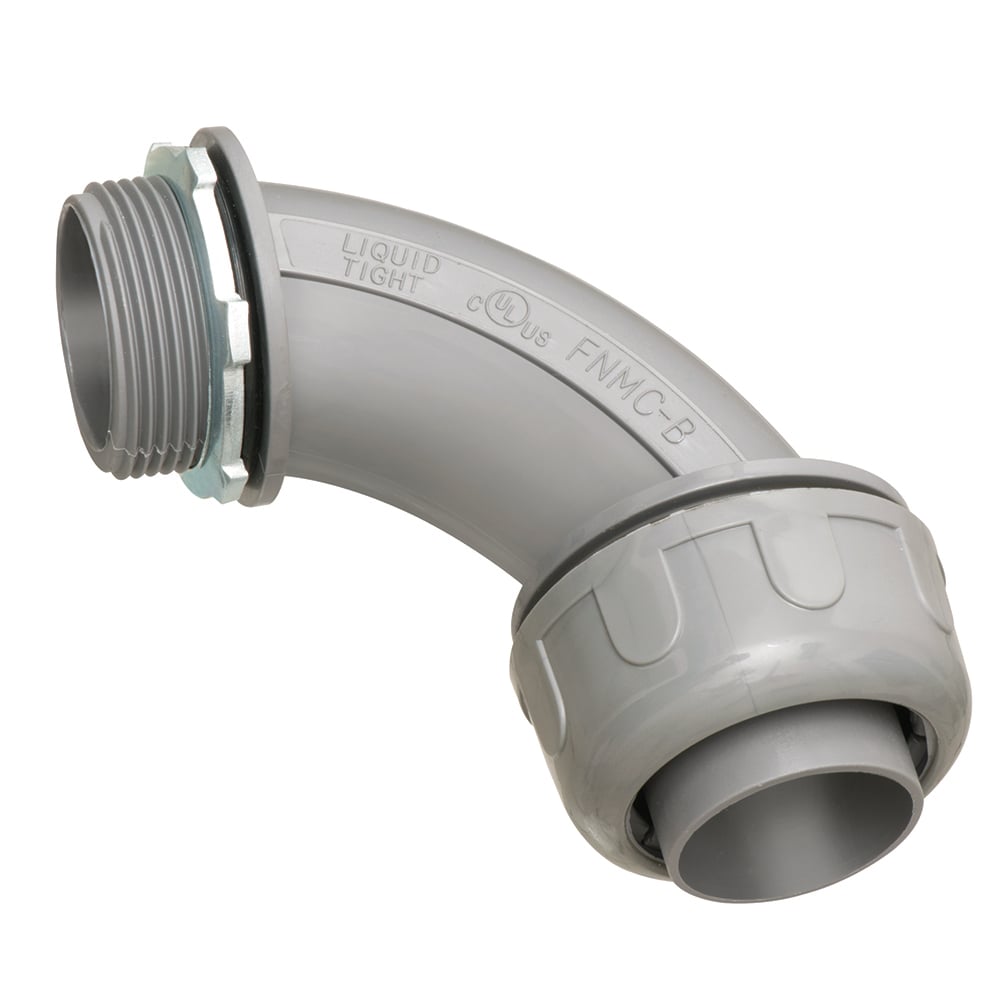 Non-metallic Liquid-tight 90 degree 1 1/2 inch connector for use with type B conduit. Produced from UV rated plastic for long outdoor life.