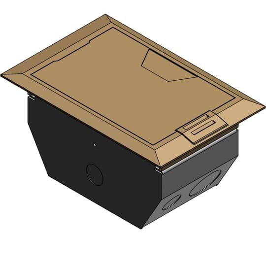Two Compartment Raised Access Floor Module, 75 Cubic Inches, Floor Cut Out Length 7-1/8 Inches, Width 4-1/8 Inches, Cover Size Length 6-3/4 Inches, Width 3-7/8 Inches, Depth 4 Inches, Galvanized Steel with Brass Cover