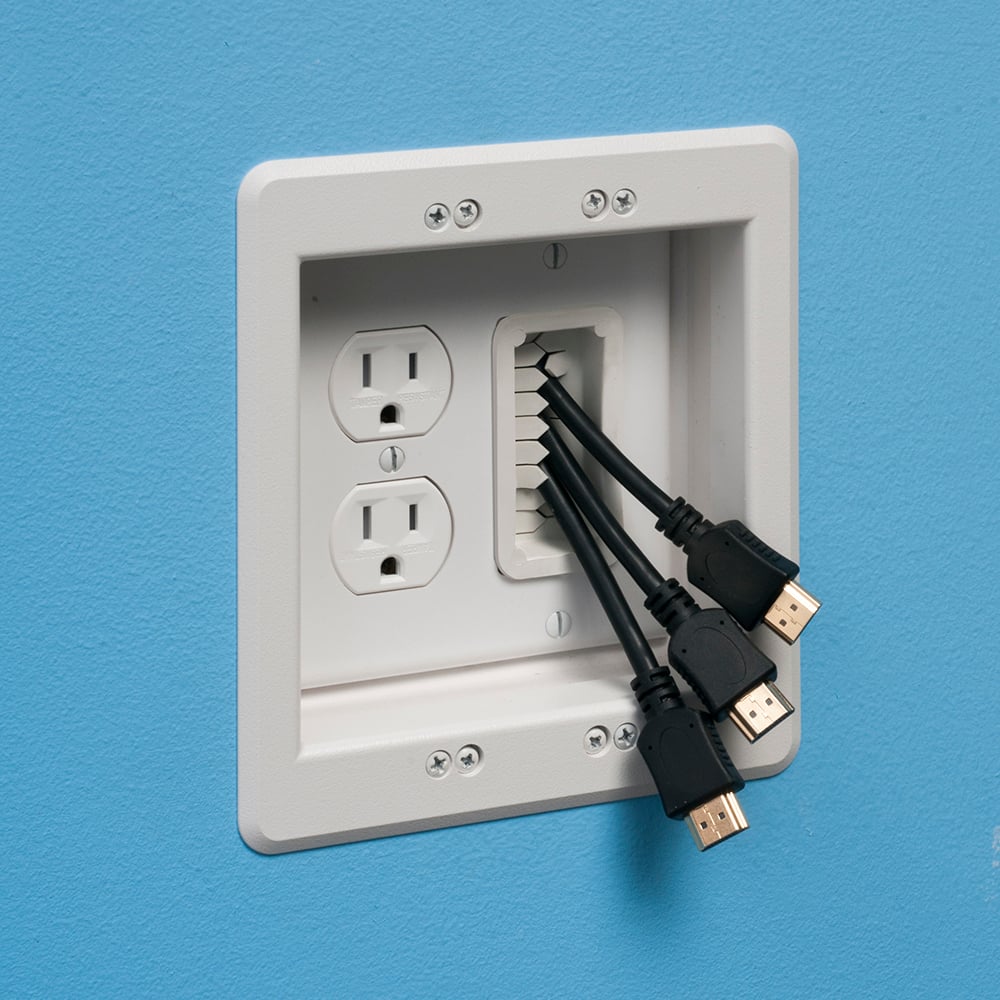 Plastic recessed TV BOX for power and low voltage. retrofit only. Kit includes recessed combo box, (1) tamper resistant duplex receptacle, Arlington's SCOOP, Arlington's PASS THROUGH devices and cover plate.