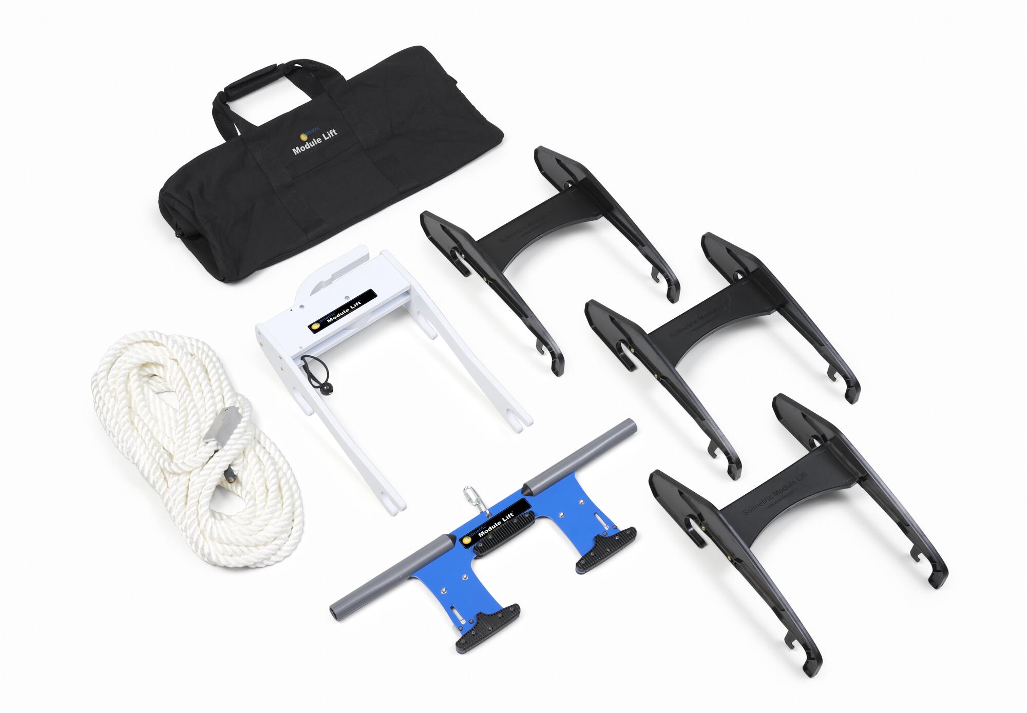 The Module Lift is an economical system for getting PV modules onto a rooftop safely and quickly without damaging them. Compatible with fiberglass extension ladders from Werner and Louisville, this kit includes a 80' rope to accommodate different ladder sizes. Its pulley mechanism, attached to the ladder's top, features a module "hook" that securely attaches to the PV module frame, preventing lateral sliding during transportation. Operational control lies with the installer, who initiates lifting by pulling a rope, allowing the module to glide smoothly along the ladder's rails. Safety features include a brake in the pulley assembly to prevent accidental module sliding, ensuring a safe working environment. The system aids in reducing installer fatigue and complies with OSHA ladder safety standards. Setting up the system takes less than 5 minutes and is performed by one person, reflecting its lightweight, rugged, and reliable nature. Its compact and user-friendly design, absence of motors, and inclusion of a duffle bag for parts storage enhance its practicality.