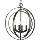 Inspired by ancient astronomy armillary spheres. This oversized oval fixture is part of the stunning Equinox collection. Interlocking rings pivot for an infinite variety of positions. Four-light foyer pendant in a Antique Bronze finish is ideal for linear installations over a farmhouse table, dining room setting or kitchen island.