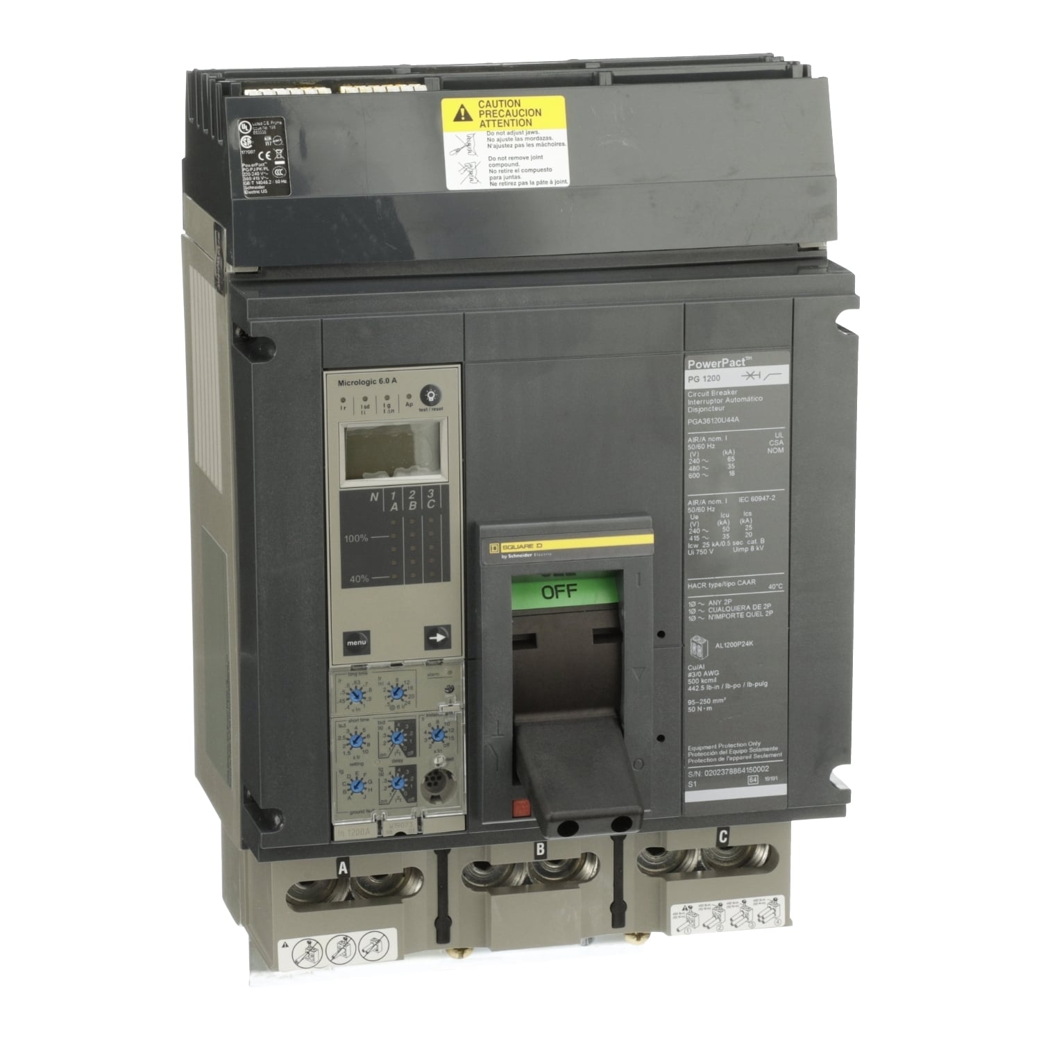 PGA36120U44A Molded Case Circuit Breaker, 1200 Amp, 3 Pole, 600V