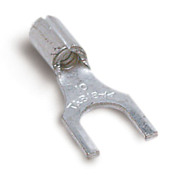 Non-Insulated Fork Terminal, Length .82 Inches, Width .38 Inches, Bolt Hole #8, Wire Range #12-#10 AWG, Copper, Tin Plated