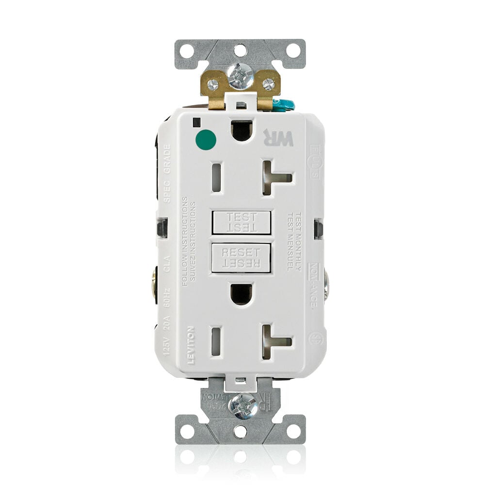 20 Amp, 125 Volt, SmartlockPro Self-Test GFCI Duplex Receptacle , NEMA 5-20R, 2P, 3W, Extra-Heavy Duty Hospital Grade, Weather & Tamper-Resistant, 20A Feed-Through, Back or Side Wired - WHITE