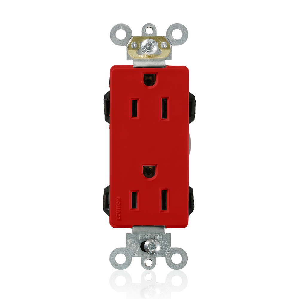 15 Amp, 125 Volt, Modular Receptacle, Narrow Body, Decora Plus, Nylon, Industrial Grade, Self-Grounding, Red