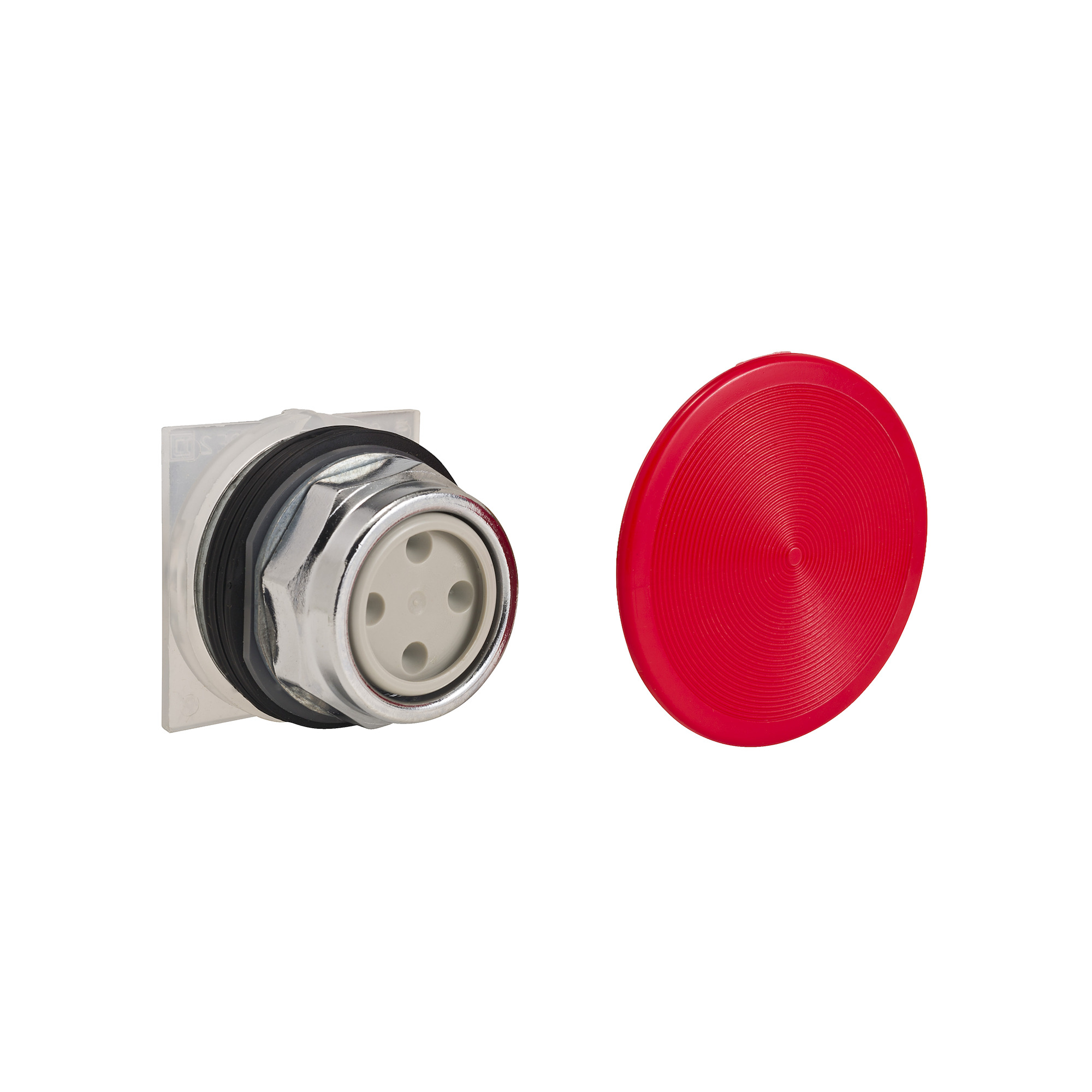 Push-button, Harmony 9001K, metal, snap-in plastic mushroom 57mm, red, 30mm, spring return, 1 C/O