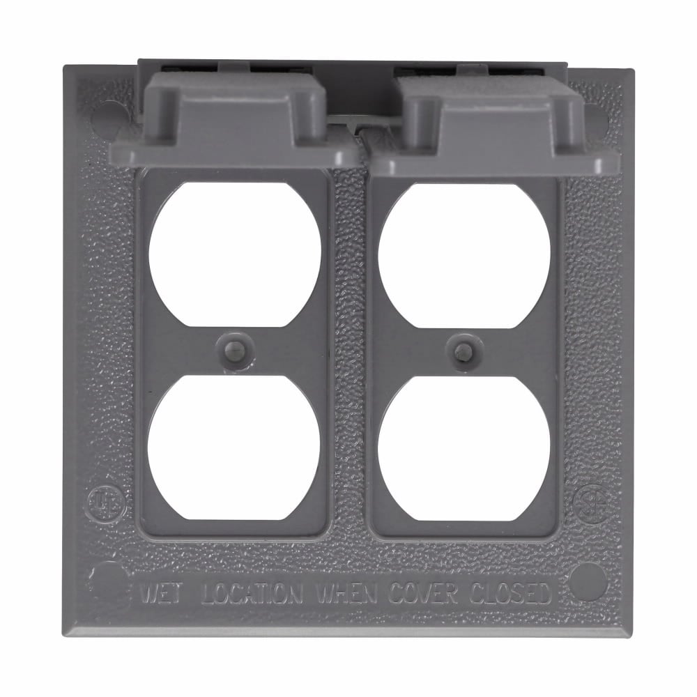 Eaton Crouse-Hinds series weatherproof self-closing cover, Gray, Die cast aluminum, Two-gang, Two duplex receptacles, switches or combination device