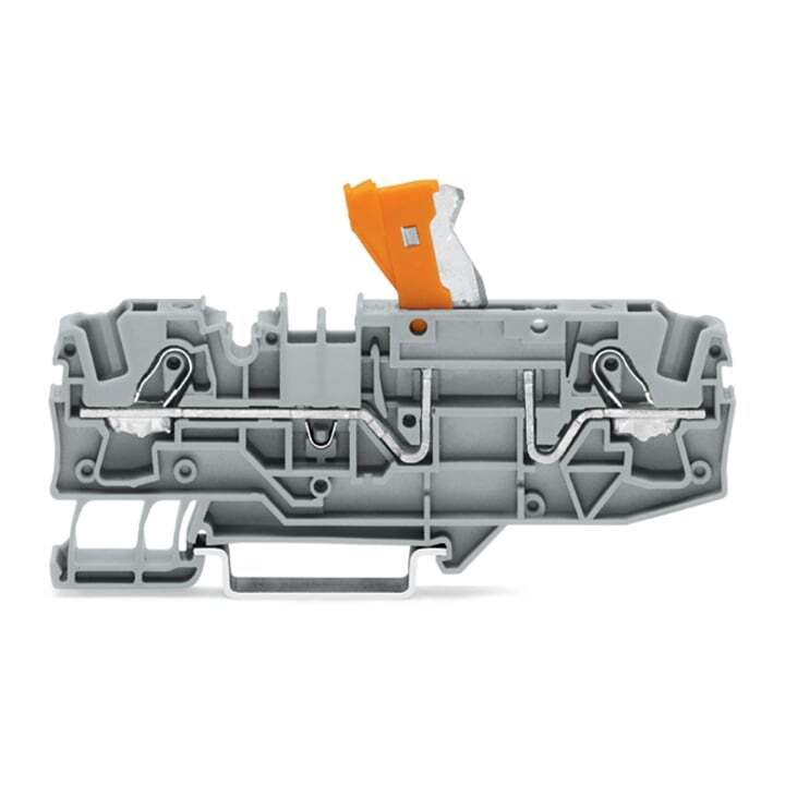 2-conductor disconnect terminal block; with pivoting knife disconnect; with test option; orange disconnect link; for DIN-rail 35 x 15 and 35 x 7.5; 6 mm; Push-in CAGE CLAMP; 6,00 mm; gray
