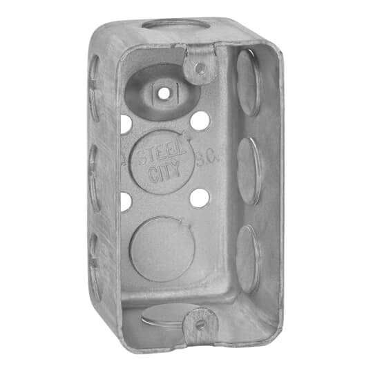 One Gang Utility Box, 14.5 Cubic Inches, 4 Inches Long x 2-1/8 Inches Wide x 2-1/8 Inches Deep, 1/2 Inch Knockouts, Pre-Galvanized Steel, Drawn Construction, For use with Conduit
