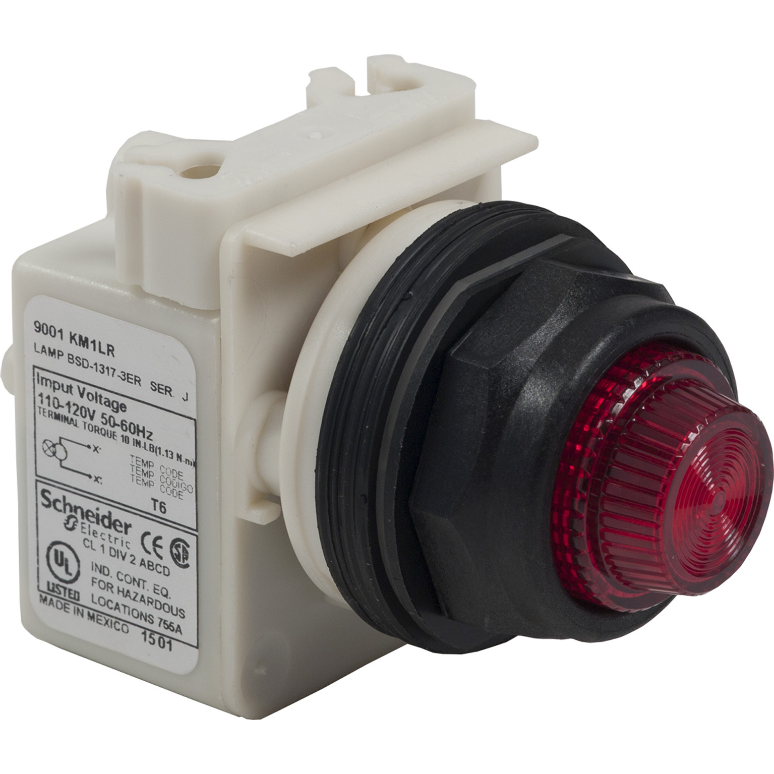 Illuminated selector switch head, Harmony 9001SK, plastic, standard handle, red, 30mm, 3 positions, spring return right to center, 110-120V