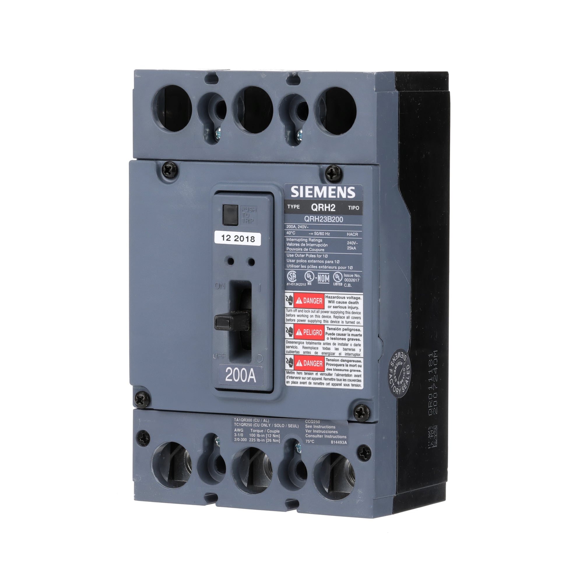  Low Voltage Molded Case Circuit Breakers General Purpose MCCBs, TM - are Circuit Protection Molded Case Circuit Breakers. 3-Pole circuit breaker Type QRH2 HACR rated. Rated 240V (200A). AIR (25 kA). Special features UL listed for reverse feed applications, (AL) load side lugs installed.