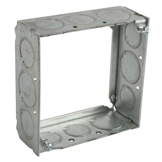 Square Box Extension Ring, 21 Cubic Inches, 4 Inches Square x 1-1/2 Inch, 1/2 Inch and 3/4 Inch Knockouts, Galvanized Steel, Welded Construction