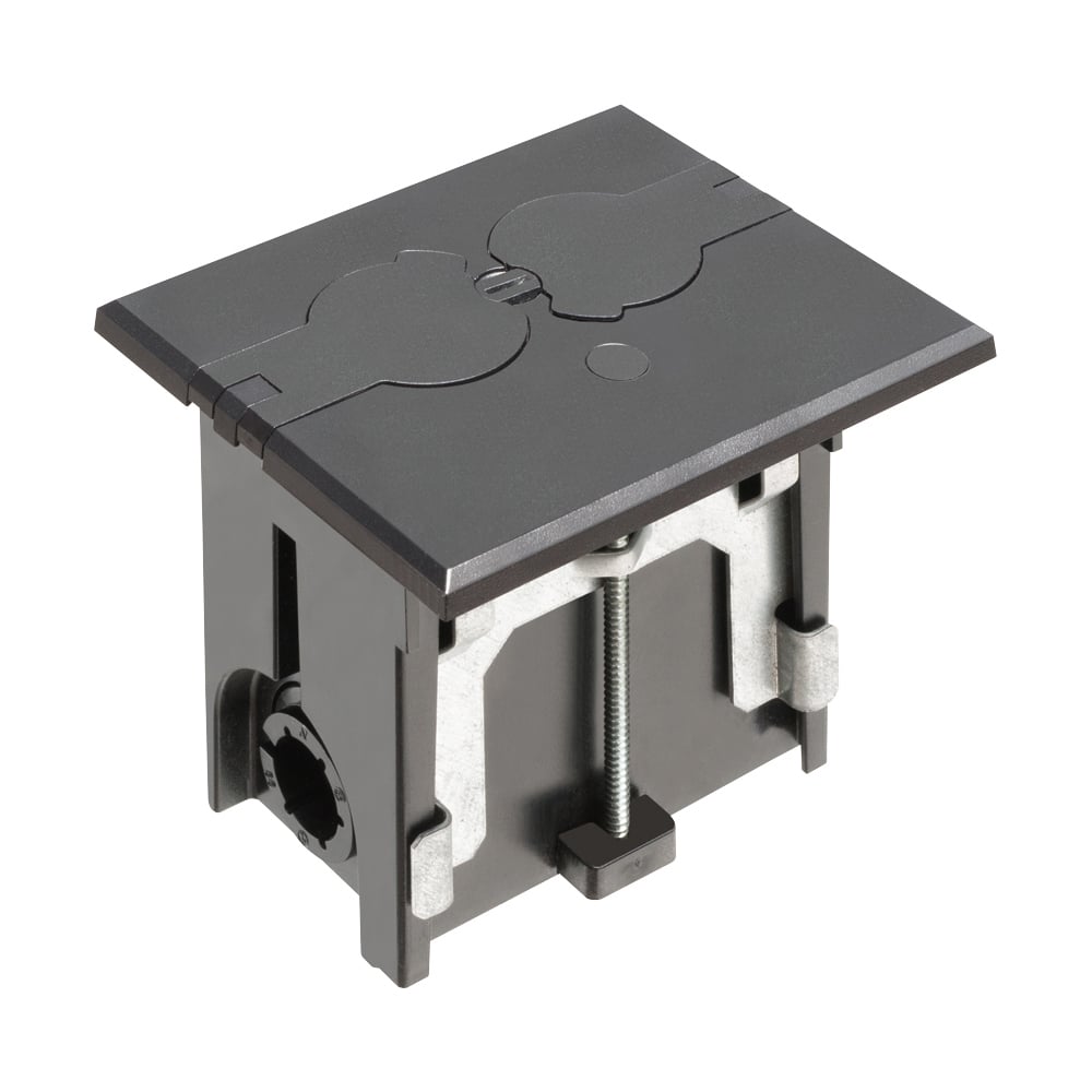 Non Metallic adjustable floor box. Black with flip lids. Includes tamper resistant duplex receptacle, cover plate with gasket and Arlington NM94 connector and Arlington NM900 knockout plug.