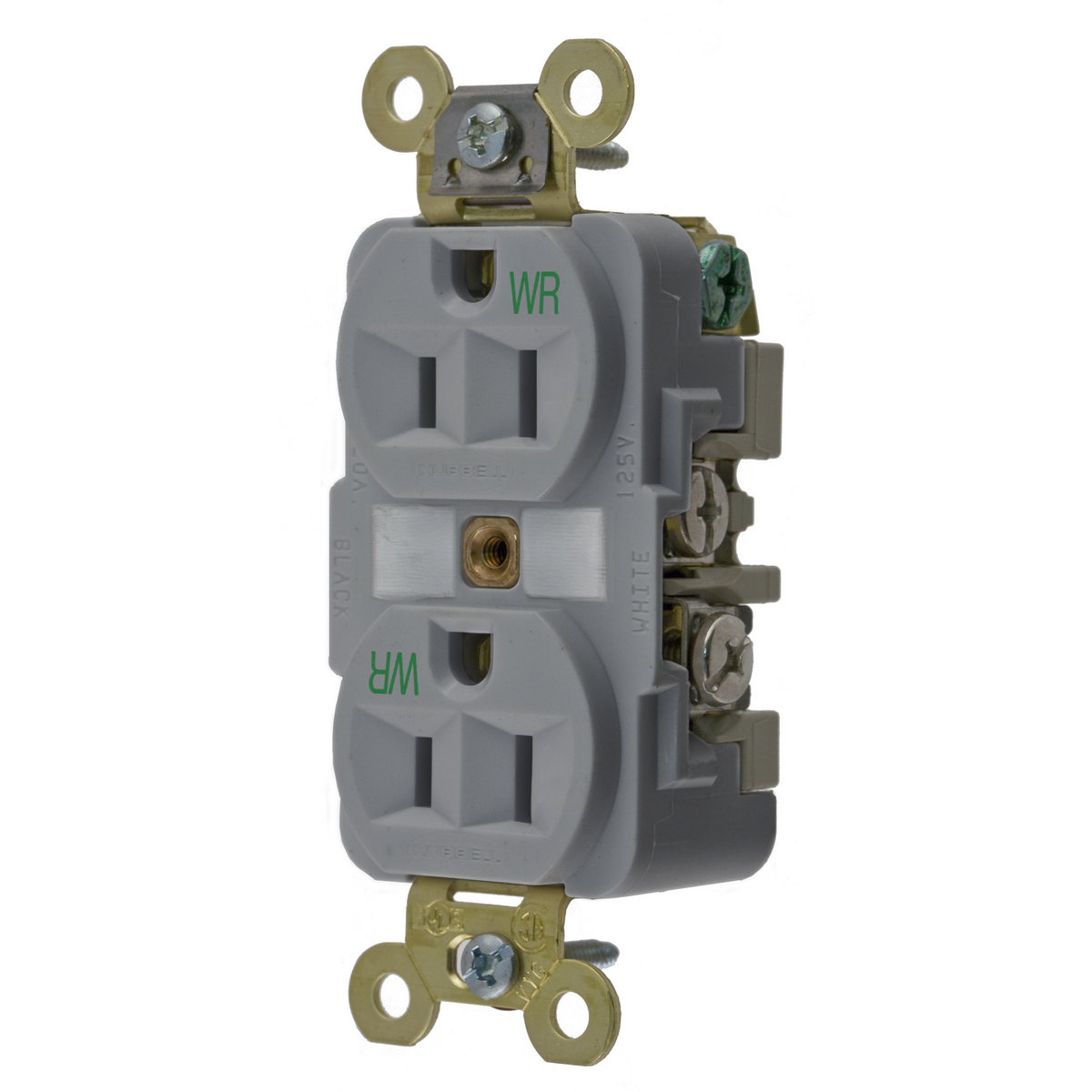 Straight Blade Devices, Receptacles, Weather-Resistant Duplex, Industrial Grade, 15A 125V, 2-Pole 3-Wire Grounding, 5-15R, Gray, Single Pack.