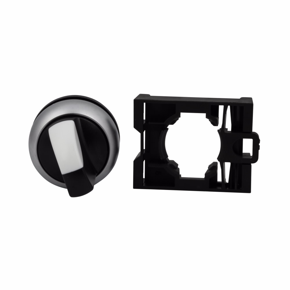 Eaton M22 modular pushbutton, M22 Modular Selector Switch Operator, 22.5 mm, Knob, Maintained, Return from left, Non-illuminated, Bezel: Silver, Button: Black, IP66, NEMA 4X, 13, Three-position, 100,000 Operations