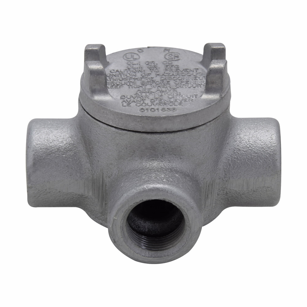 Eaton Crouse-Hinds series Condulet GUA conduit outlet box with cover, 2" cover opening diameter, Feraloy iron alloy, W shape, 3/4"